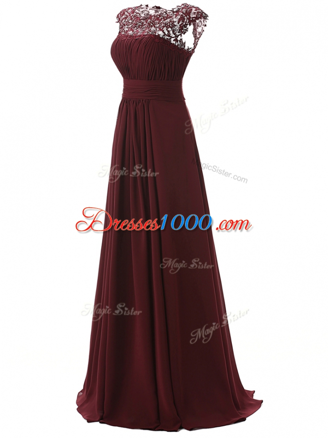 Pretty Scoop Sleeveless Prom Party Dress Floor Length Appliques Burgundy Chiffon