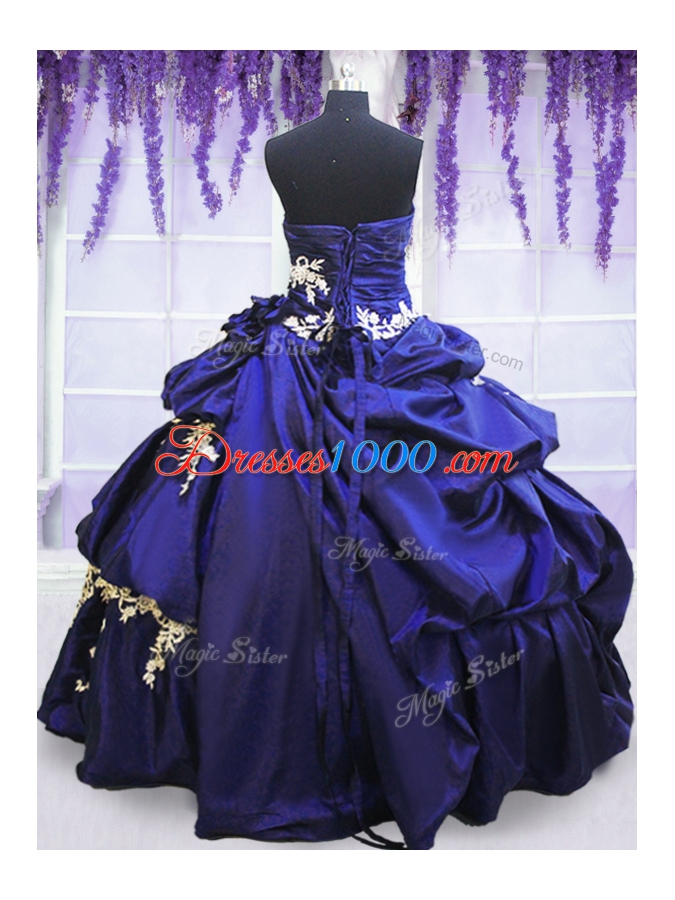 Blue Taffeta Lace Up Strapless Sleeveless Floor Length Sweet 16 Dresses Appliques and Pick Ups