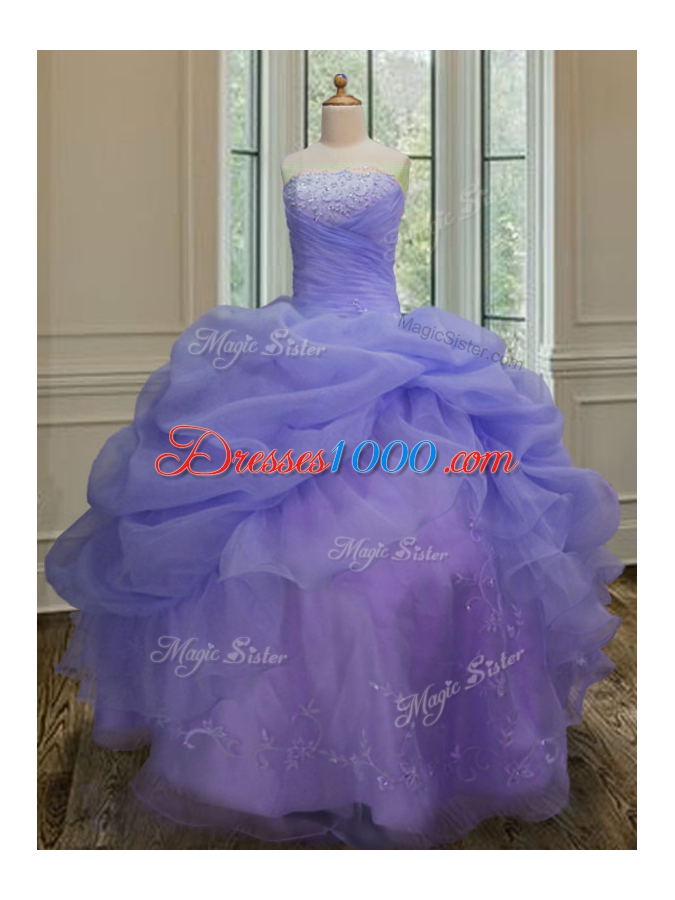 Customized Floor Length Lace Up 15 Quinceanera Dress Lavender and In for Military Ball and Sweet 16 and Quinceanera with Embroidery and Pick Ups