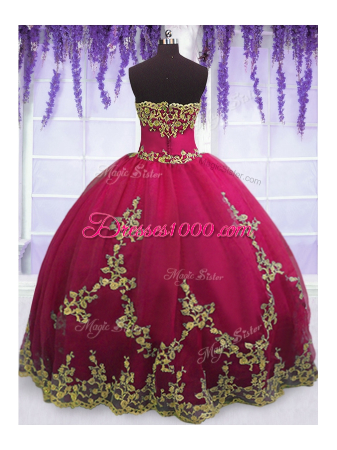 Dynamic Fuchsia Strapless Zipper Appliques Sweet 16 Dresses Sleeveless
