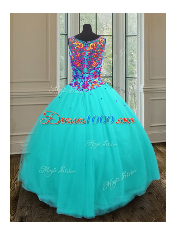 Flirting Tulle V-neck Sleeveless Zipper Beading 15 Quinceanera Dress in Aqua Blue