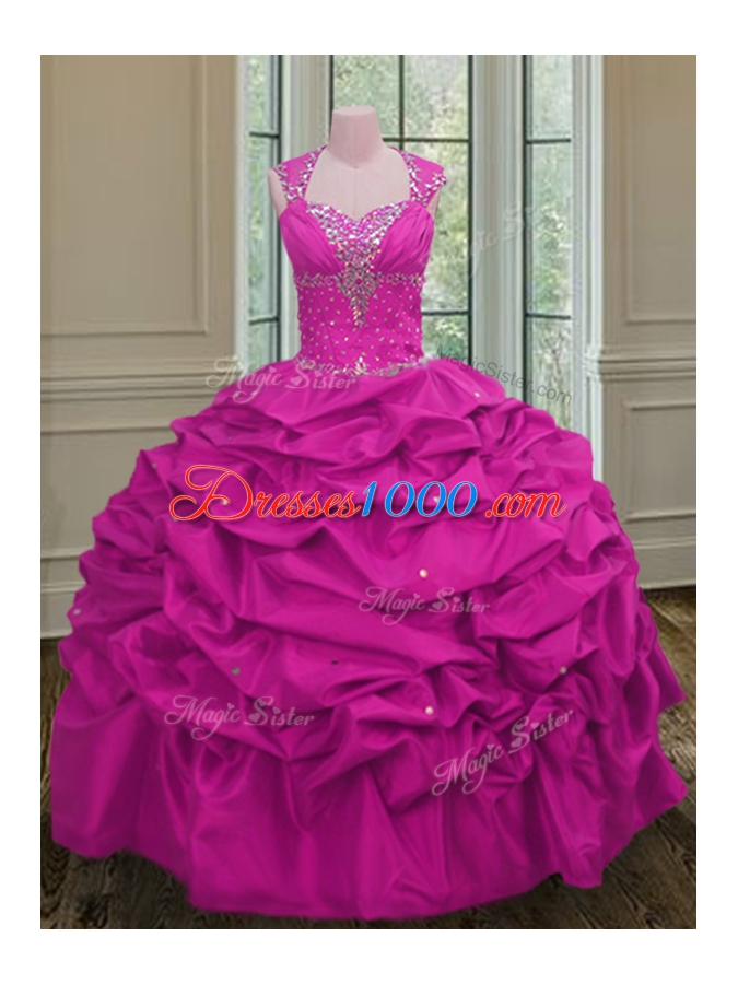 Fuchsia Straps Lace Up Beading and Pick Ups 15th Birthday Dress Cap Sleeves