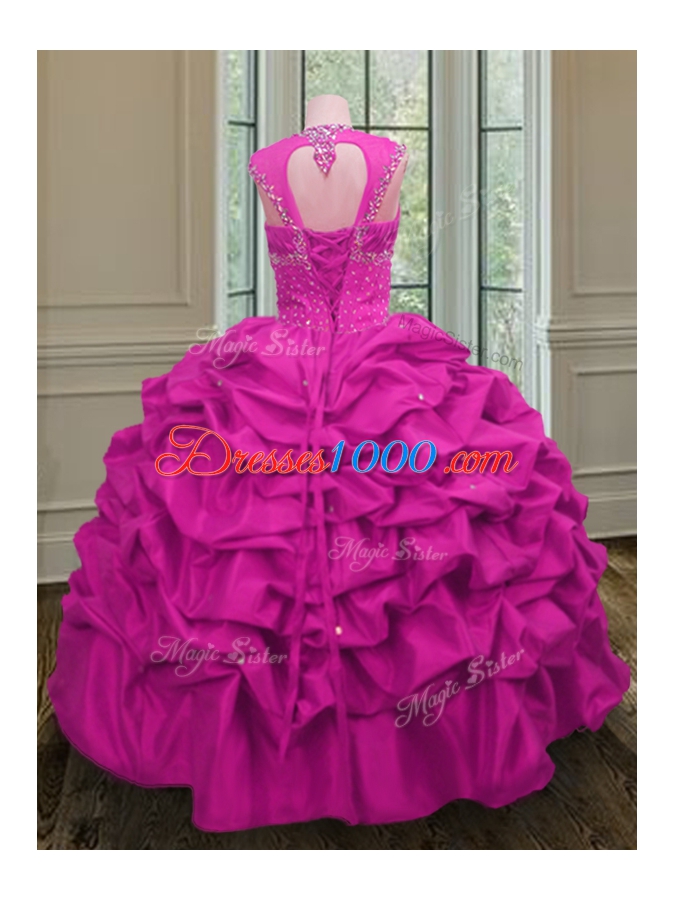 Fuchsia Straps Lace Up Beading and Pick Ups 15th Birthday Dress Cap Sleeves