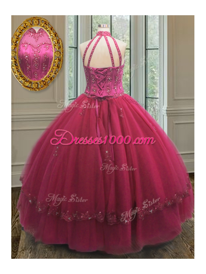 Inexpensive Hot Pink Tulle Lace Up Halter Top Sleeveless Floor Length Sweet 16 Dresses Beading and Appliques