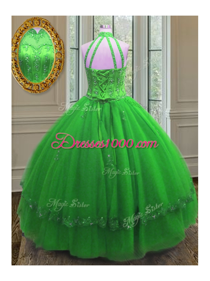 Noble Ball Gowns 15 Quinceanera Dress High-neck Tulle Sleeveless Floor Length Lace Up
