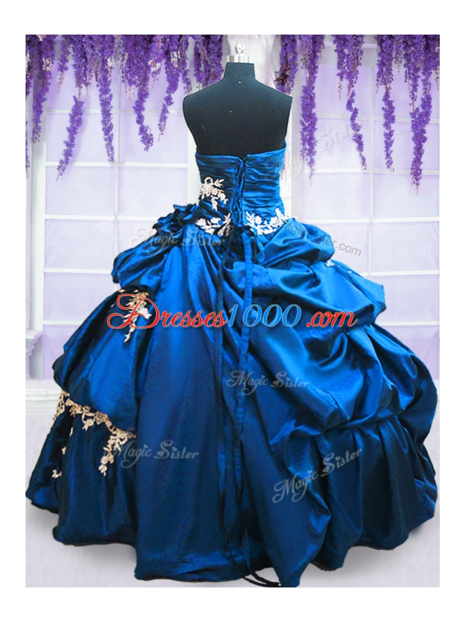 Sleeveless Floor Length Appliques and Pick Ups Lace Up Ball Gown Prom Dress with Royal Blue
