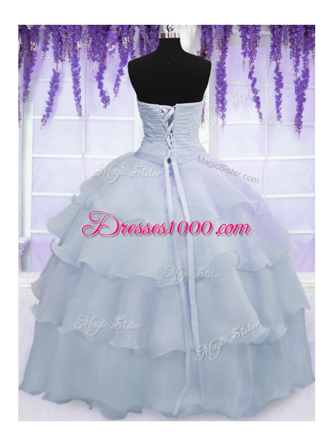 Sleeveless Lace Up Floor Length Ruffled Layers and Ruching and Hand Made Flower Quince Ball Gowns