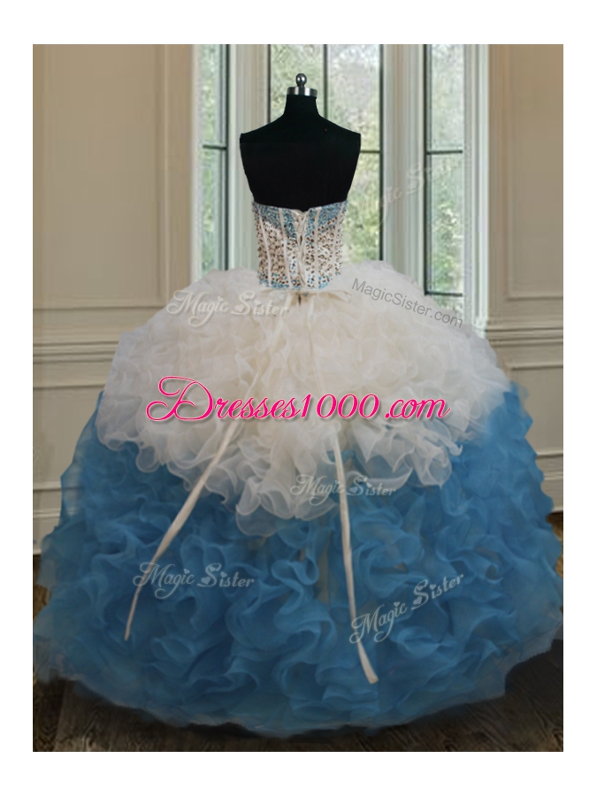 Strapless Sleeveless Quince Ball Gowns Floor Length Beading and Ruffles Blue And White Organza