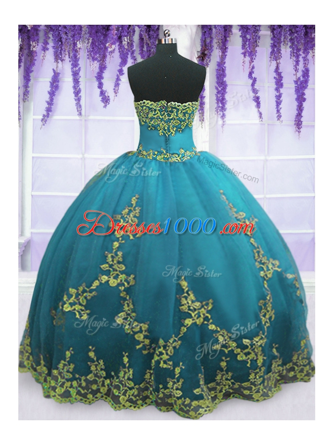 Teal Ball Gowns Appliques Ball Gown Prom Dress Zipper Tulle Sleeveless Floor Length
