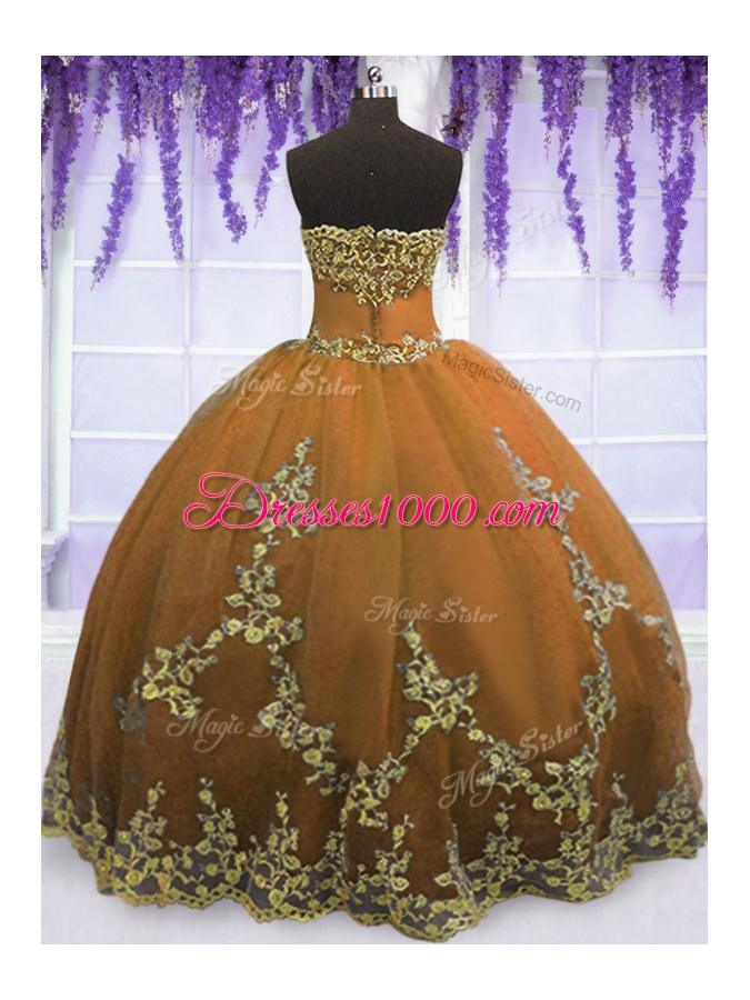 Wonderful Strapless Sleeveless Zipper Sweet 16 Dresses Brown Tulle