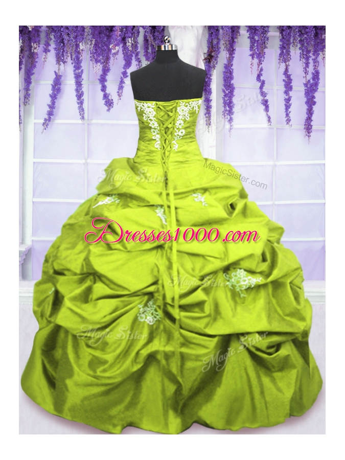 Yellow Green Ball Gowns Taffeta Strapless Sleeveless Appliques and Pick Ups Floor Length Lace Up Ball Gown Prom Dress