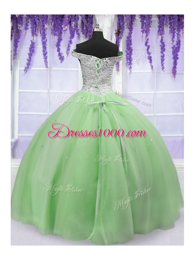 Beauteous Apple Green Ball Gowns Off The Shoulder Short Sleeves Tulle Floor Length Lace Up Beading Quinceanera Gown