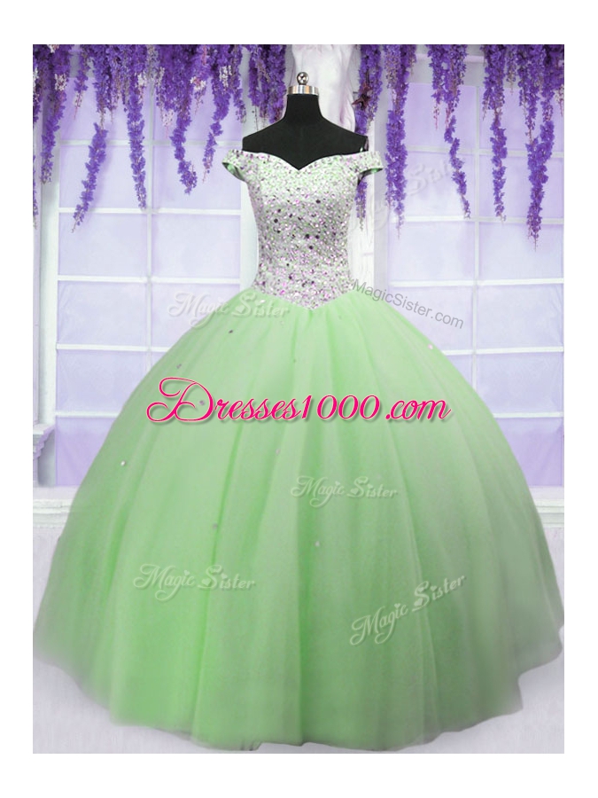 Beauteous Apple Green Ball Gowns Off The Shoulder Short Sleeves Tulle Floor Length Lace Up Beading Quinceanera Gown