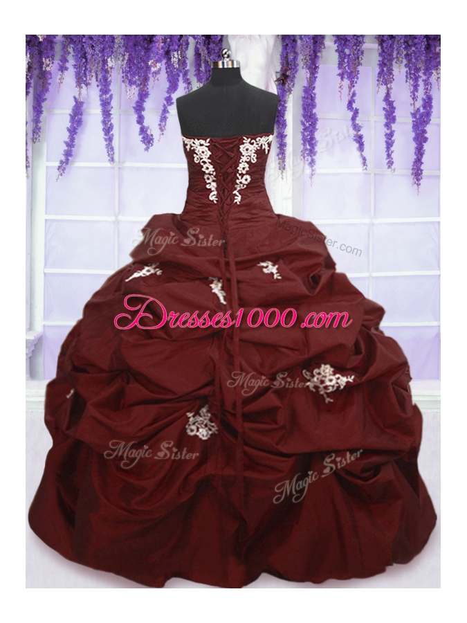 Burgundy Ball Gowns Strapless Sleeveless Taffeta Floor Length Lace Up Appliques and Pick Ups 15 Quinceanera Dress