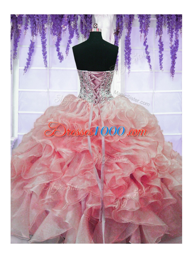 Customized Sweetheart Sleeveless Quince Ball Gowns Floor Length Beading and Ruffles Red Organza