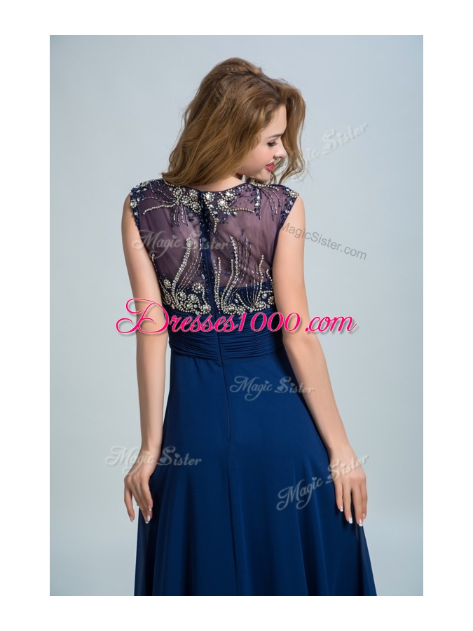 Elegant Floor Length Navy Blue Evening Wear Scoop Sleeveless Zipper