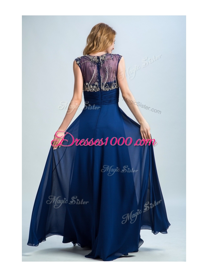 Elegant Floor Length Navy Blue Evening Wear Scoop Sleeveless Zipper