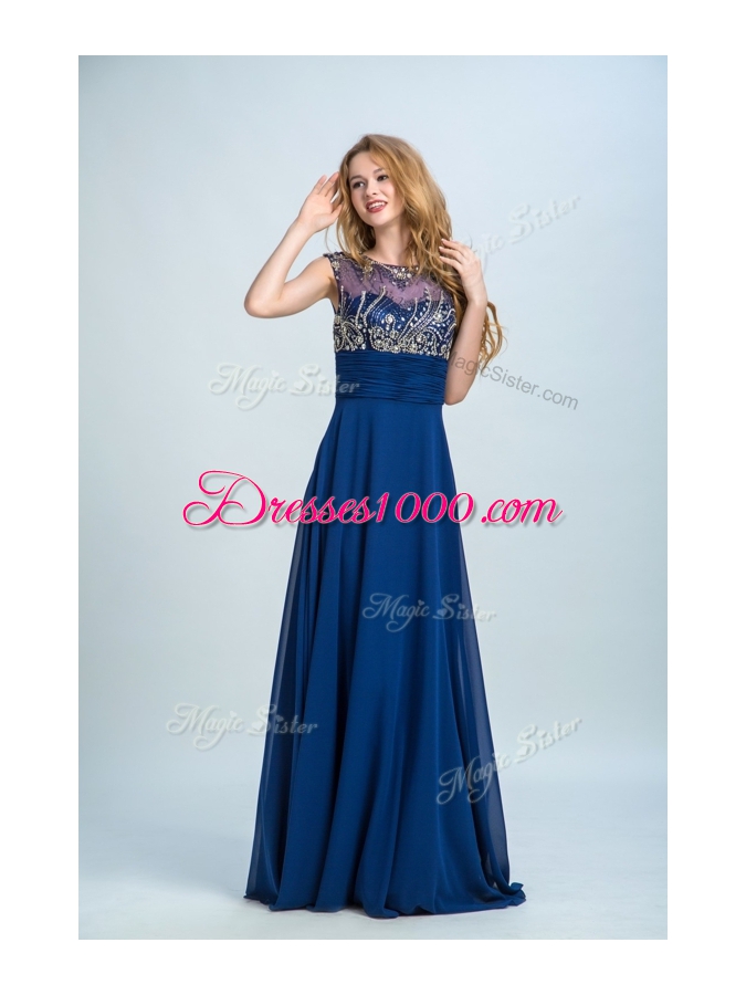 Elegant Floor Length Navy Blue Evening Wear Scoop Sleeveless Zipper