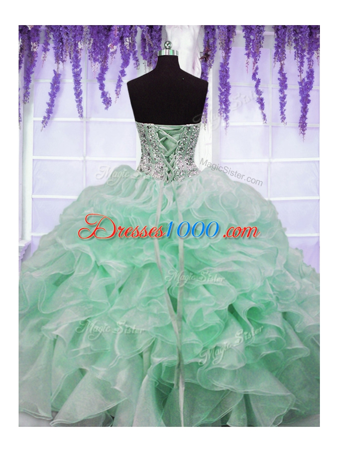 Eye-catching Apple Green Ball Gowns Organza Sweetheart Sleeveless Beading and Ruffles Floor Length Lace Up 15 Quinceanera Dress