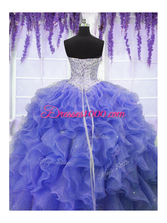 Fabulous Purple Sleeveless Ruffles and Sequins Floor Length Quinceanera Dress