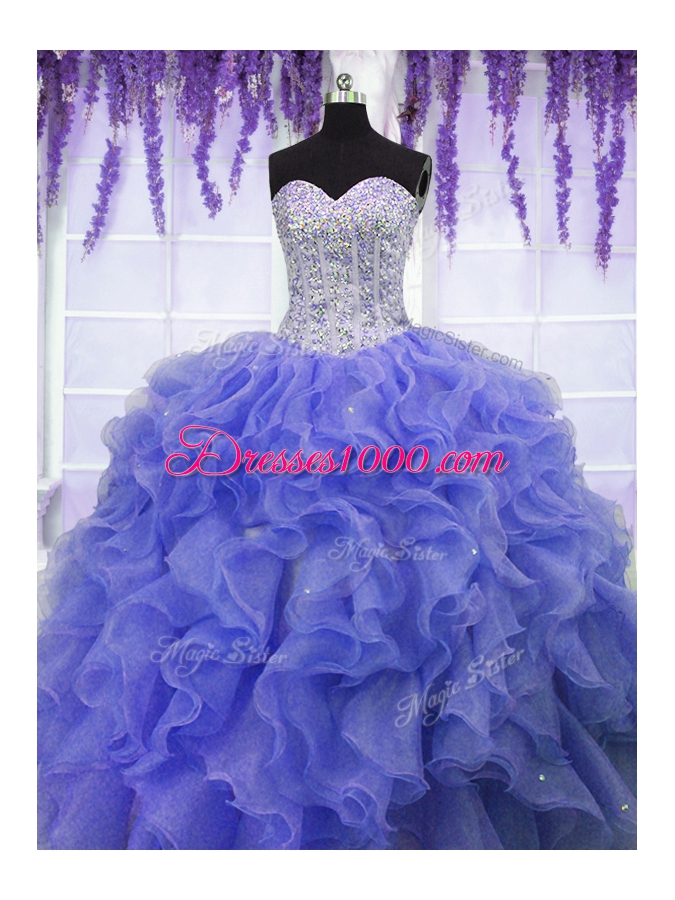 Fabulous Purple Sleeveless Ruffles and Sequins Floor Length Quinceanera Dress