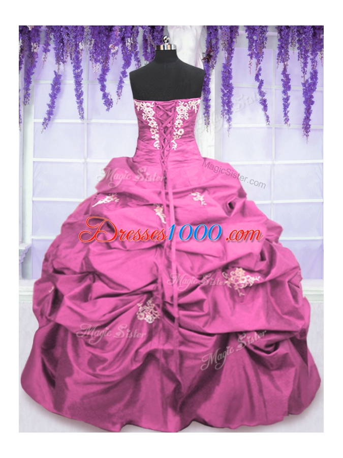 Floor Length Lace Up 15th Birthday Dress Rose Pink and In for Military Ball and Sweet 16 and Quinceanera with Appliques and Pick Ups