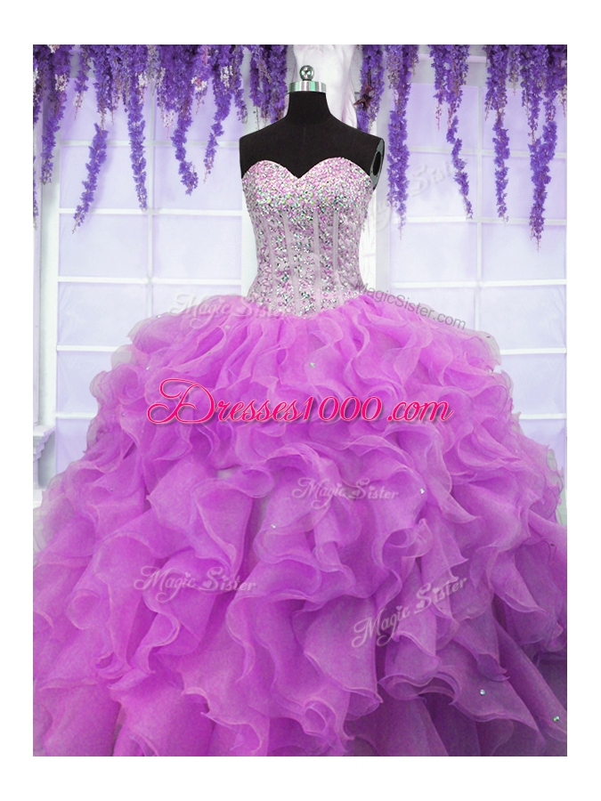 Fuchsia Lace Up Sweetheart Ruffles Quinceanera Gowns Organza Sleeveless