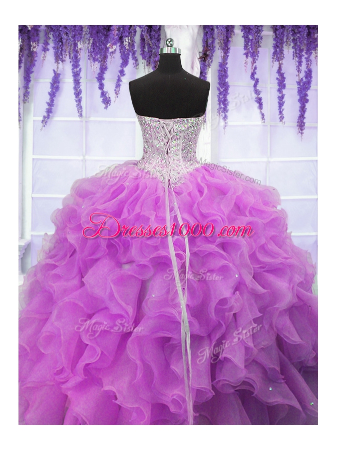 Fuchsia Lace Up Sweetheart Ruffles Quinceanera Gowns Organza Sleeveless