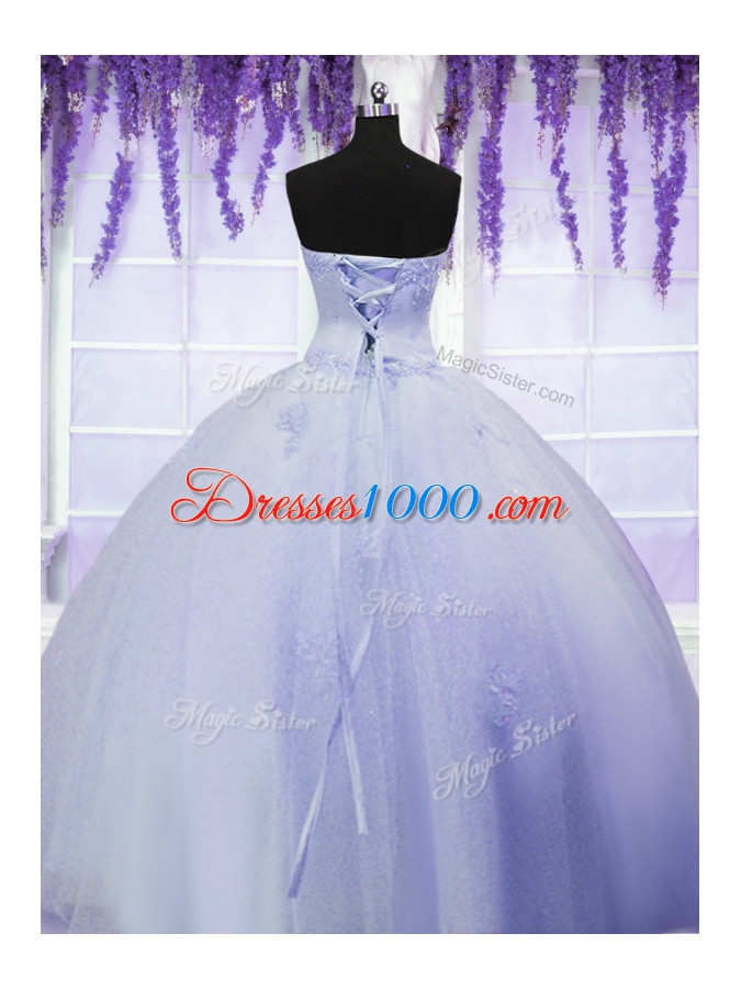 Light Blue Tulle Lace Up Sweetheart Sleeveless Floor Length Quinceanera Gown Appliques