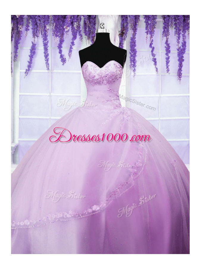 Lilac Tulle Lace Up Sweet 16 Dresses Sleeveless Floor Length Appliques