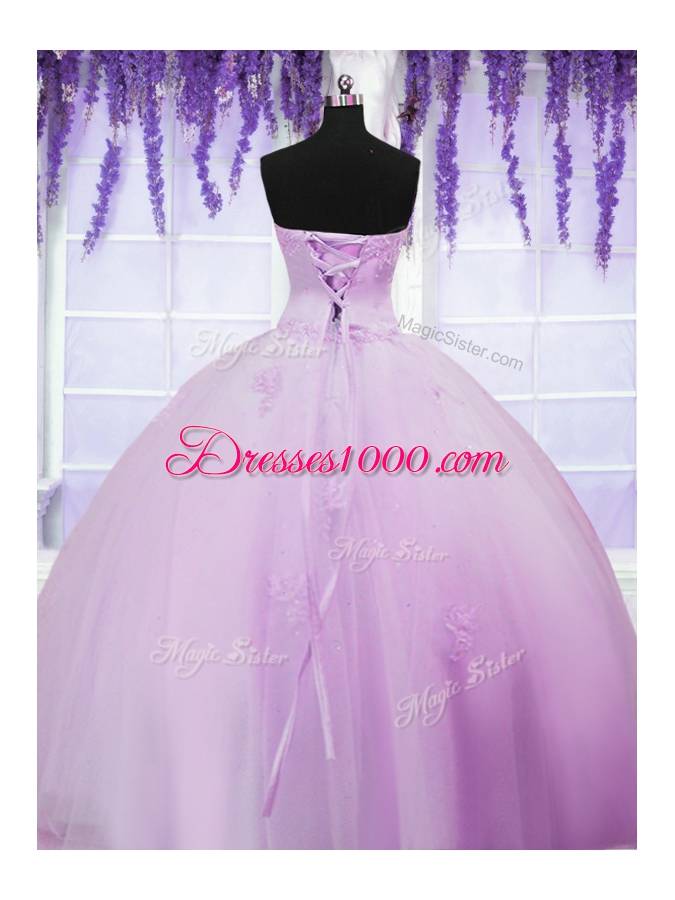 Lilac Tulle Lace Up Sweet 16 Dresses Sleeveless Floor Length Appliques