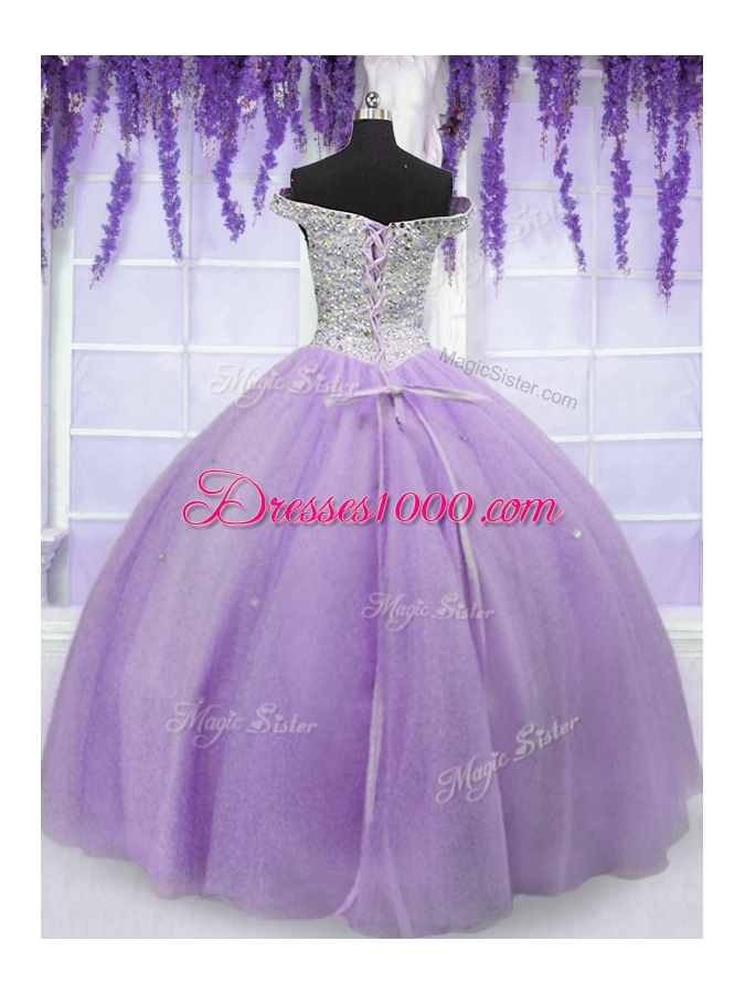 Off the Shoulder Short Sleeves Tulle Floor Length Lace Up Quinceanera Gowns in Lavender for with Beading