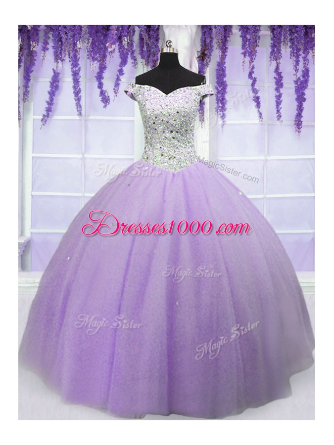 Off the Shoulder Short Sleeves Tulle Floor Length Lace Up Quinceanera Gowns in Lavender for with Beading