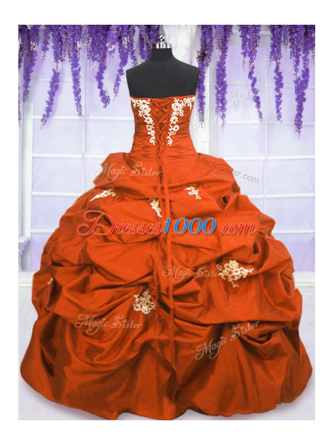 Orange Red Ball Gowns Taffeta Strapless Sleeveless Appliques and Pick Ups Floor Length Lace Up Vestidos de Quinceanera