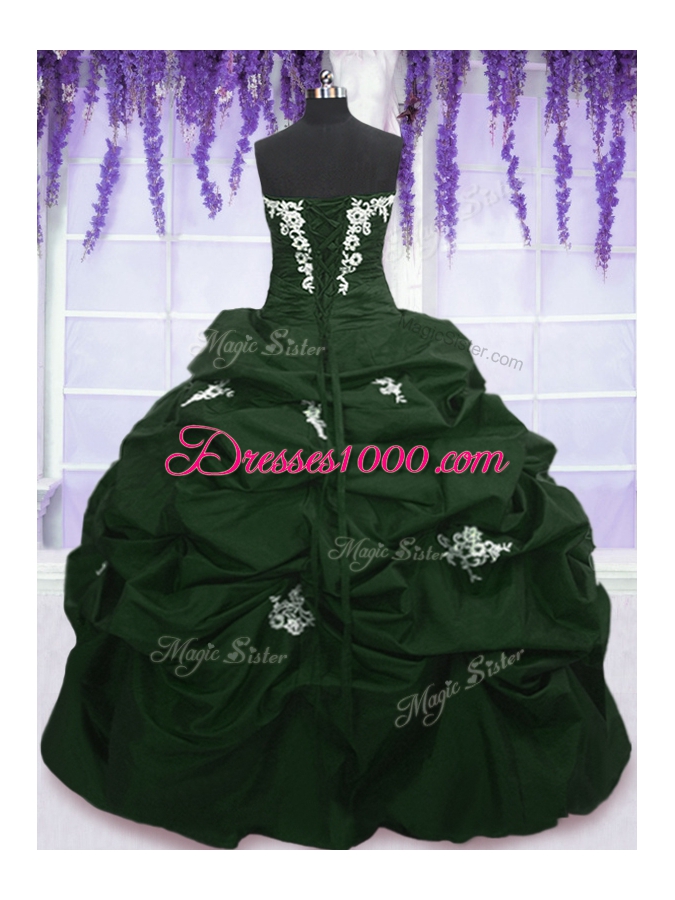 Perfect Sleeveless Floor Length Appliques and Pick Ups Lace Up Quinceanera Dresses with Dark Green and Peacock Green