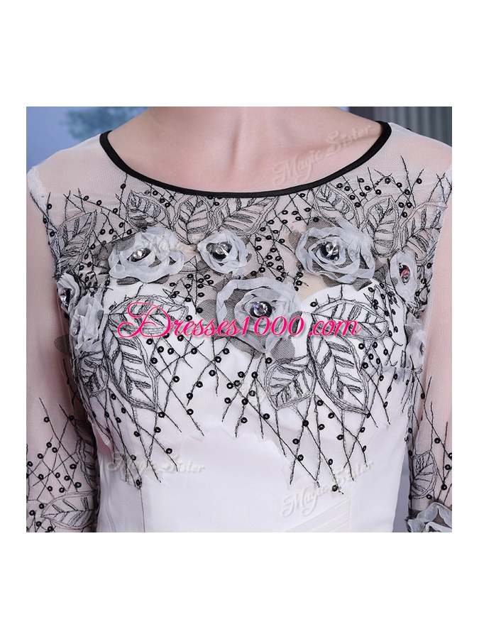 Scoop 3|4 Length Sleeve Chiffon Floor Length Zipper Dress for Prom in White for with Beading and Appliques