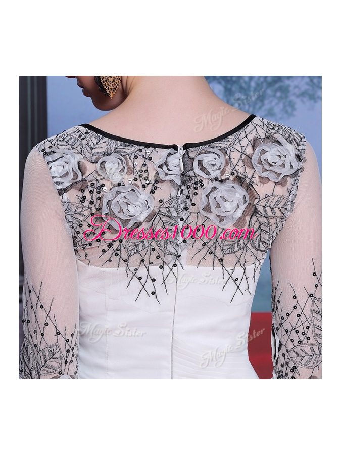 Scoop 3|4 Length Sleeve Chiffon Floor Length Zipper Dress for Prom in White for with Beading and Appliques