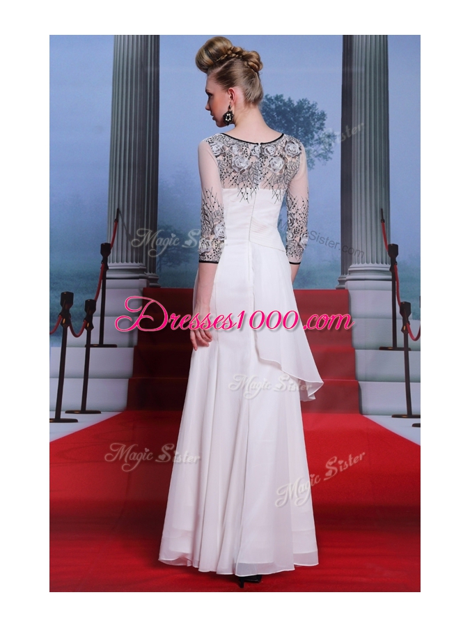 Scoop 3|4 Length Sleeve Chiffon Floor Length Zipper Dress for Prom in White for with Beading and Appliques