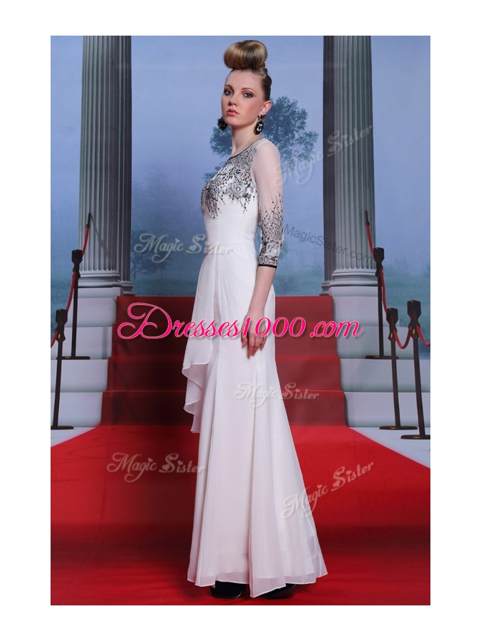 Scoop 3|4 Length Sleeve Chiffon Floor Length Zipper Dress for Prom in White for with Beading and Appliques