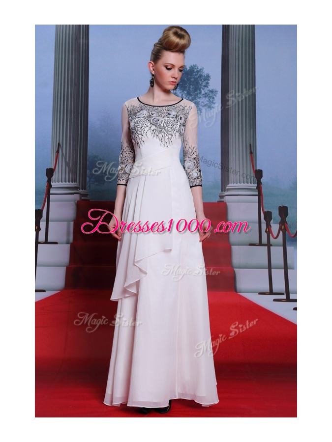 Scoop 3|4 Length Sleeve Chiffon Floor Length Zipper Dress for Prom in White for with Beading and Appliques