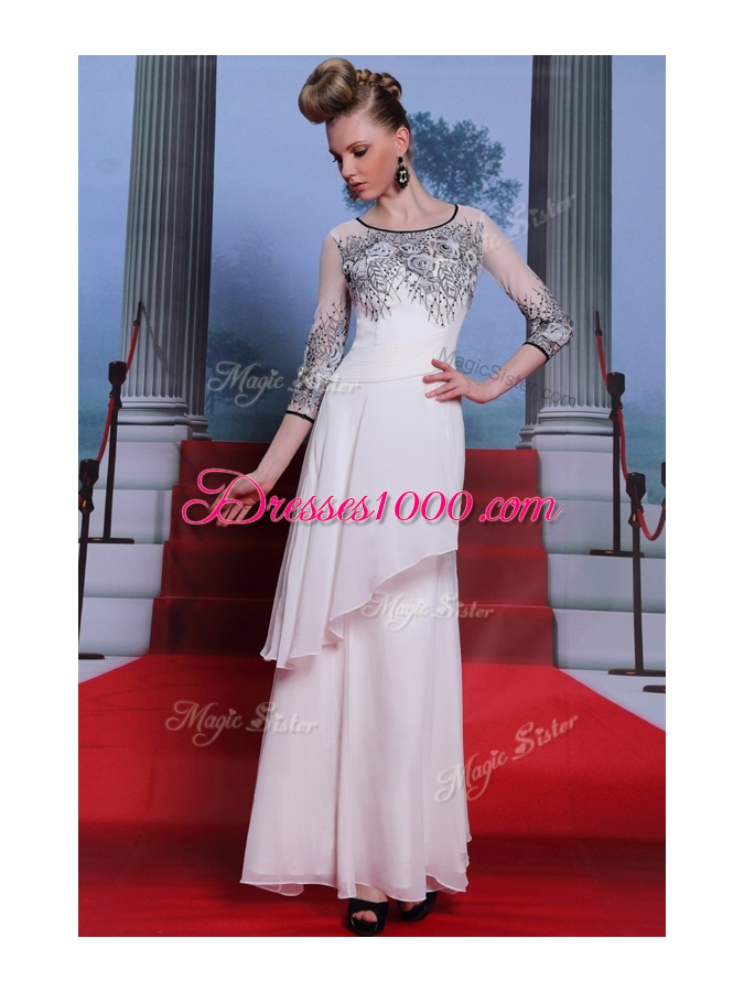 Scoop 3|4 Length Sleeve Chiffon Floor Length Zipper Dress for Prom in White for with Beading and Appliques