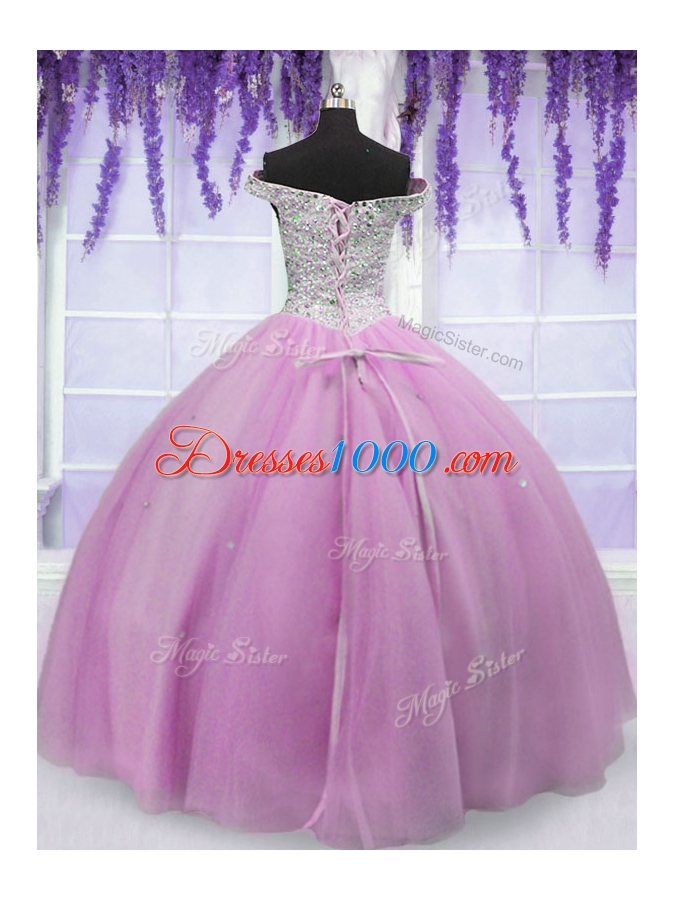 Shining Off the Shoulder Short Sleeves Tulle Floor Length Lace Up Quinceanera Dress in Lilac for with Beading