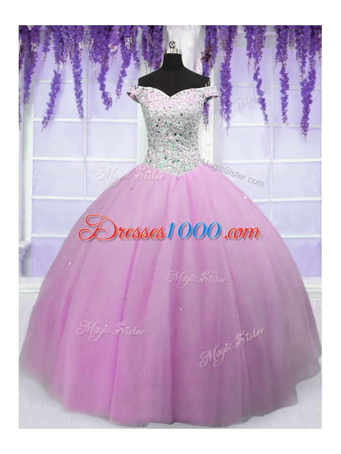 Shining Off the Shoulder Short Sleeves Tulle Floor Length Lace Up Quinceanera Dress in Lilac for with Beading