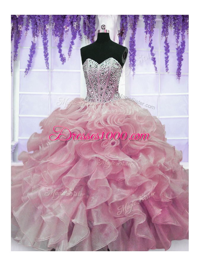 Unique Sleeveless Lace Up Floor Length Beading and Ruffles 15th Birthday Dress