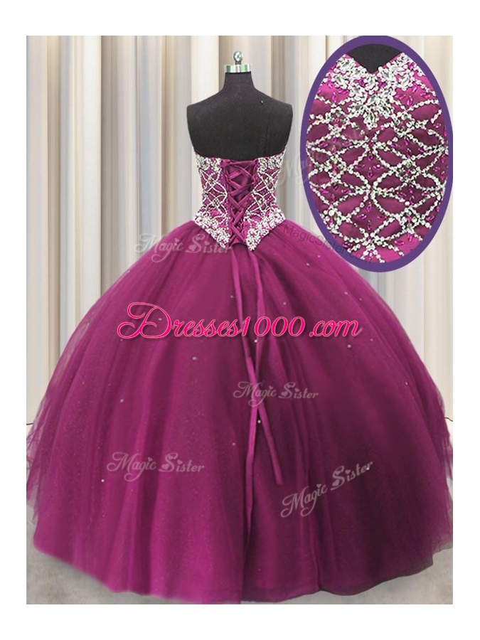 Best Three Piece Sweetheart Sleeveless Quinceanera Dresses Floor Length Beading and Sequins Fuchsia Tulle