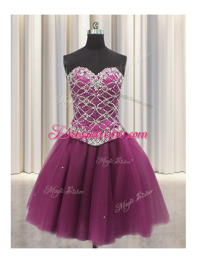 Best Three Piece Sweetheart Sleeveless Quinceanera Dresses Floor Length Beading and Sequins Fuchsia Tulle