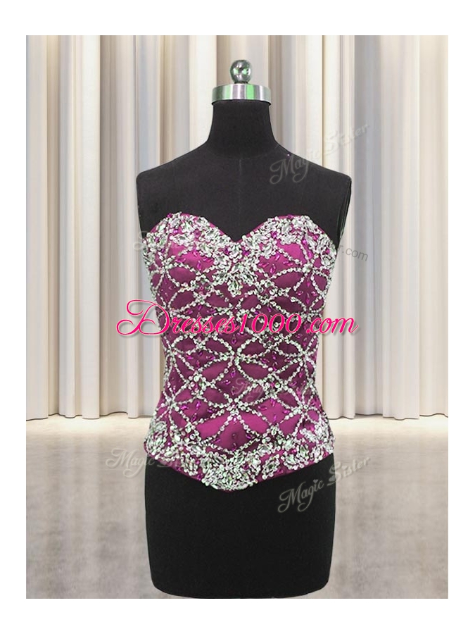 Best Three Piece Sweetheart Sleeveless Quinceanera Dresses Floor Length Beading and Sequins Fuchsia Tulle