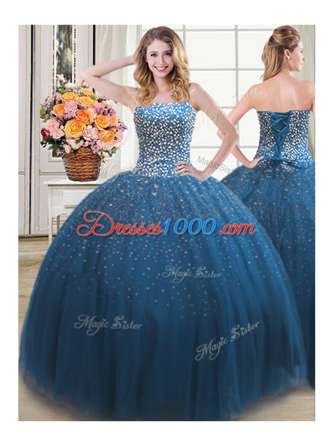 Classical Four Piece Teal Sleeveless Floor Length Beading Lace Up Ball Gown Prom Dress