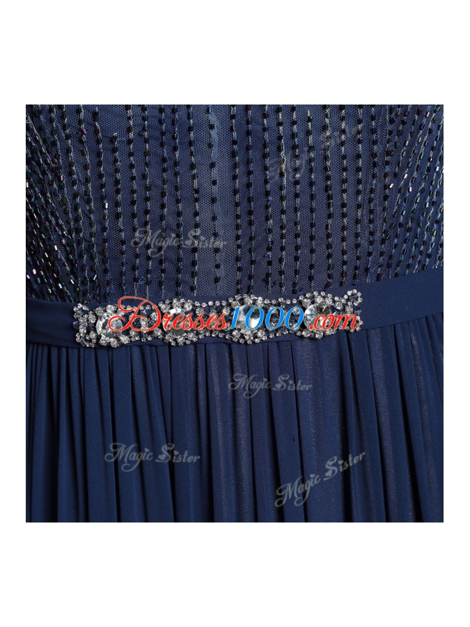 Elegant Floor Length Navy Blue Homecoming Dress Bateau Sleeveless Zipper