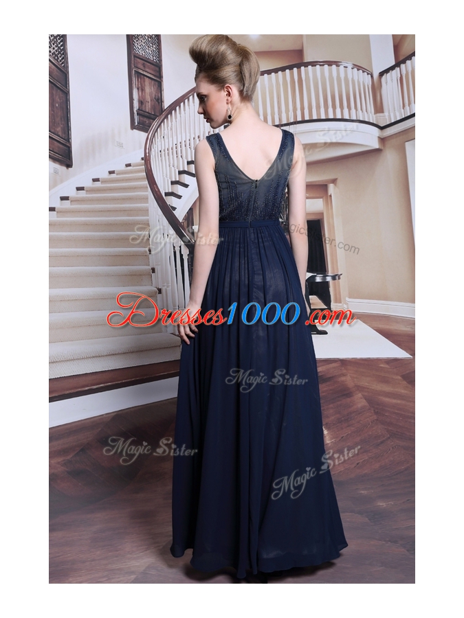 Elegant Floor Length Navy Blue Homecoming Dress Bateau Sleeveless Zipper